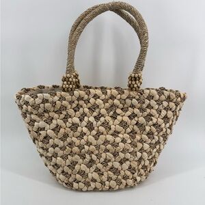 Anthropologie Savanna woven raffia tote bag with wood beaded handles. Travel